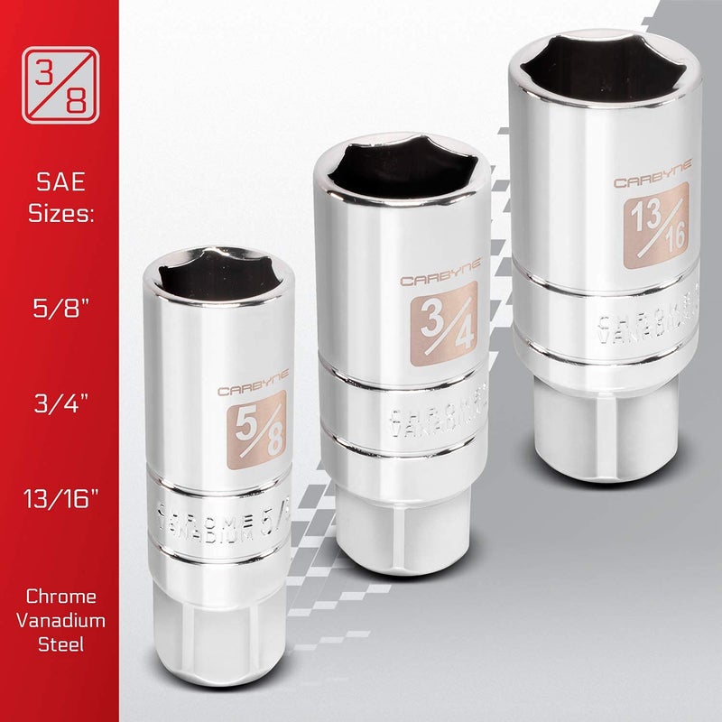 CARBYNE 5-Piece Spark Plug Socket Set - Includes 5/8", 3/4", 13/16", 14mm, 18mm sizes. High Visibility 3/8-Inch Drive SAE & Metric Spark Plug Socket Set - Heat Treated CR-V Steel, Mirror Polish - Image 5